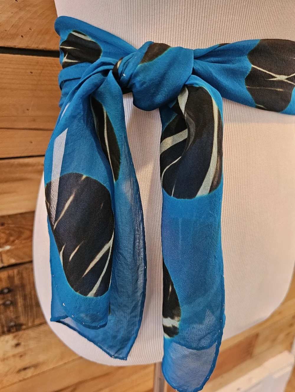 Sheer Peacock Blue Scarf with Black & White Zebra Striped Dots 9